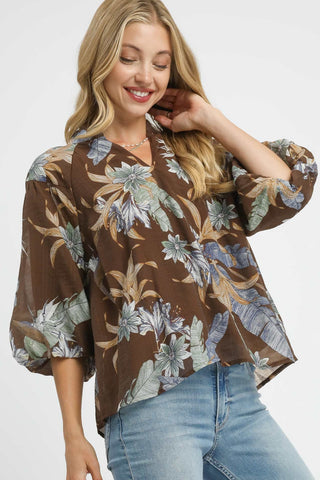 Floral Print Sheer V-Neck Blouse with V-Neckline with Soft Pleating, Three Quarter Puff Sleeves, High-Low Hemline and Smocked Collar