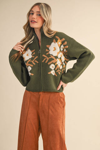 FLORAL ZIP UP SWEATER CARDIGAN WITH ZIPPER CLOSURE, DROP SHOULDER, AND LONG SLEEVES