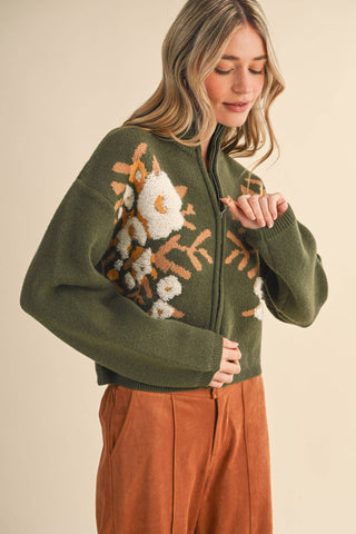 FLORAL ZIP UP SWEATER CARDIGAN WITH ZIPPER CLOSURE, DROP SHOULDER, AND LONG SLEEVES