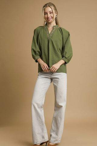 Green Three Quarter Sleeve Blouse with V-Neckline and Animal Print Trim