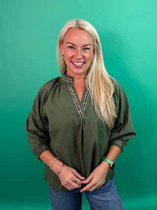 Green Three Quarter Sleeve Blouse with V-Neckline and Animal Print Trim