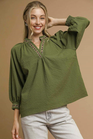 Green Three Quarter Sleeve Blouse with V-Neckline and Animal Print Trim