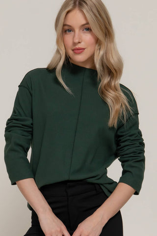 LONG SLEEVE MOCK NECK VISIBLE OVERLOCKED SEAMS DETAIL BRUSHED RIB TOP