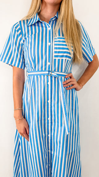 Blue and White Striped Maxi Dress with Adjustable Belt Waist, Collar, and Front Button Closure. 
