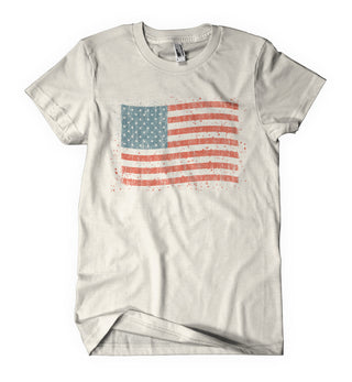 White t-shirt with American flag design on a white background