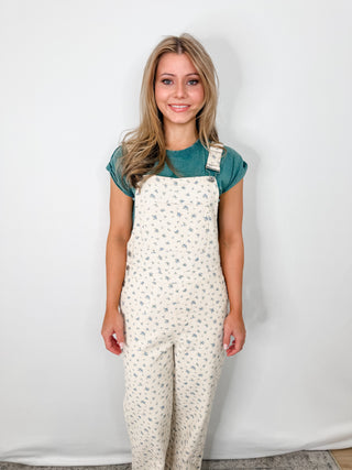 White Overalls with Dainty Blue Flowers, and Adjustable Sides and Straps