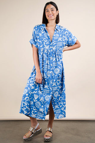 Maxi Bohemian Dress with Vibrant Blue Color, Button Down Front, Lightweight Material, Collar, and Front Split