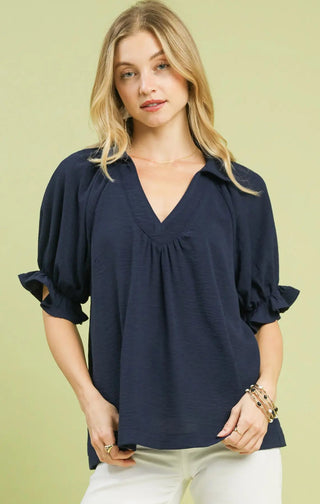 Navy Blue Solid Collared V-Neck Top with V-Neckline, Soft Collar, Short Puff Sleeves, Ruffle Trim, Self Binding Detail and Easy-Ft Silhouette