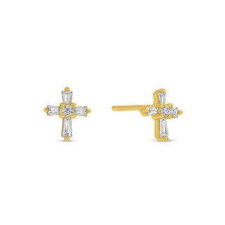 Single stud set on green velvet tag - baguette cubic zirconia cross 1.25" x 1.9" Velvet Tag 18K Gold Plated Brass Base Cubic Zirconia