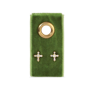 Single stud set on green velvet tag - baguette cubic zirconia cross 1.25" x 1.9" Velvet Tag 18K Gold Plated Brass Base Cubic Zirconia