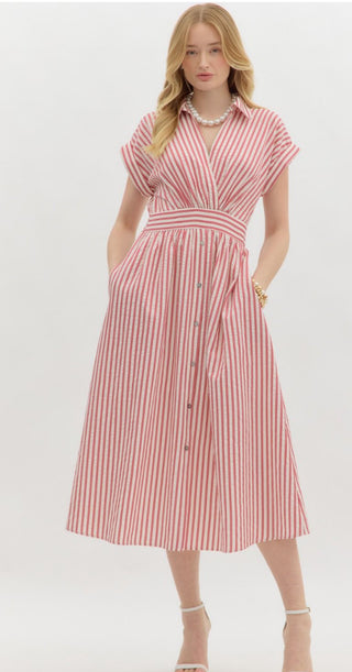 Stripe pattern surplice spread collar short sleeve pullover midi dress featuring faux button closure skirt. Pockets at side. Smocked waist at back. Lined. Woven. Non-sheer. Lightweight.