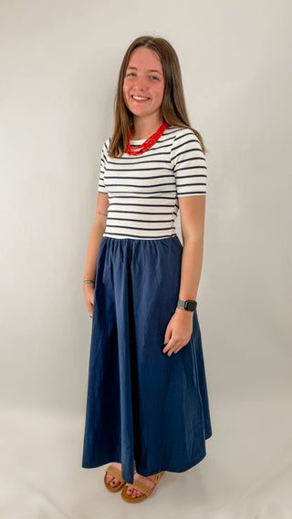 Midi Dress with Blue and White Stripped Smocked Top and Full Blue Skirt