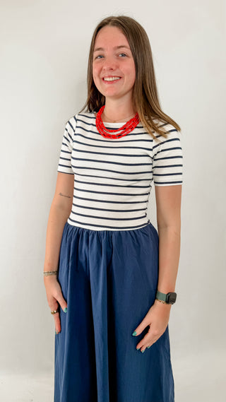 Midi Dress with Blue and White Stripped Smocked Top and Full Blue Skirt