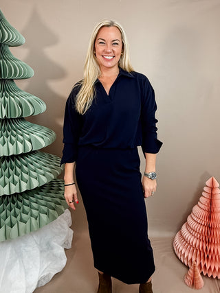 NAVY COLLARED DROP WAIST MIDI DRESS