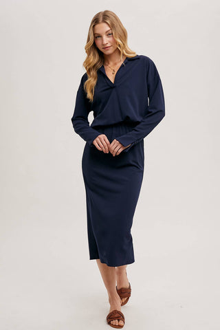 NAVY COLLARED DROP WAIST MIDI DRESS
