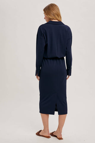 NAVY COLLARED DROP WAIST MIDI DRESS