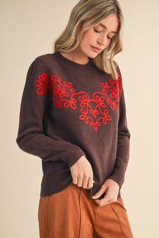 FLORAL KNIT DESIGN PULLOVER SWEATER WITH LONG SLEEVES AND RIBBED CUFFS