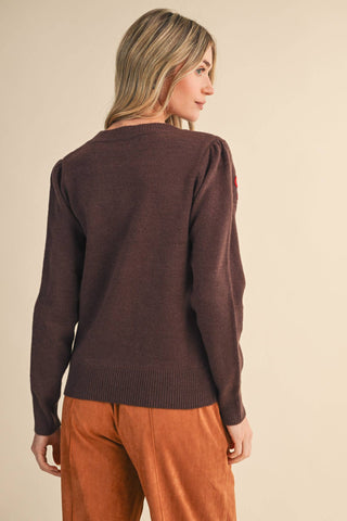 FLORAL KNIT DESIGN PULLOVER SWEATER WITH LONG SLEEVES AND RIBBED CUFFS