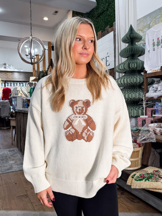 ROUND NECKLINE CREW NECKLINE LONG SLEEVES DROP SHOULDER RELAXED FIT TEDDY JACQUARD KNIT PULLOVER SWEATER