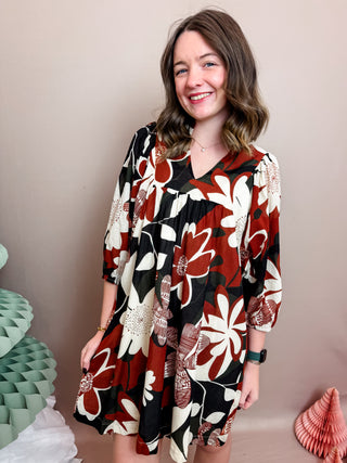 Rust, Black, and White Floral Print A-Line Dress with 3/4 Puff Sleeve and Split High Neck. Lined