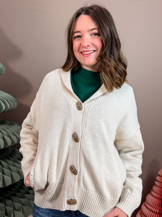 V NECKLINE SHAWL COLLAR LONG SLEEVES DROP SHOULDER POCKETS RIBBED KNIT TRIM CAMP JACQUARD BACK PATTERN KNIT SWEATER CARDIGAN