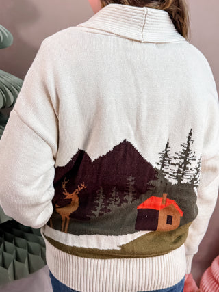 V NECKLINE SHAWL COLLAR LONG SLEEVES DROP SHOULDER POCKETS RIBBED KNIT TRIM CAMP JACQUARD BACK PATTERN KNIT SWEATER CARDIGAN