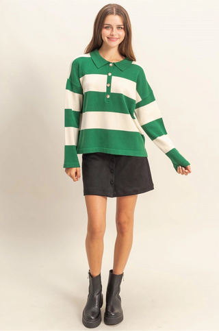Vibrant green and white striped knit sweater with front button closure and collar. 