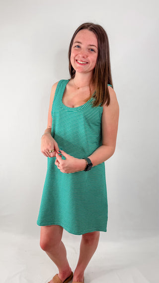 Green and white striped scoop neck mini dress. 