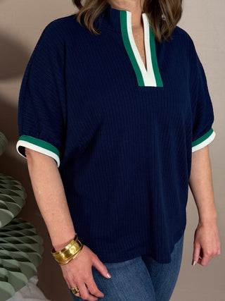 Navy Textured Knit Top with Green and White Contrast Trim, Split Neckline, and Short Dolman Sleeves