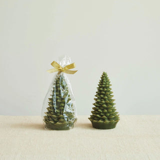 Two green candle trees, one wrapped in cellophane with a gold bow, on a beige surface.