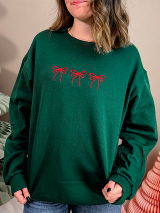 Green Christmas Crewneck with Embroidered Red Bows