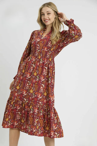 Floral Midi Dress with Smocked Waist with V-neckline, Ruffle collar trim, Long sleeves with ruffle elastic cuffs, and Lined