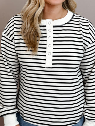 ROUND NECK HENLEY NECKLINE LONG SLEEVES DROP SHOULDER U HEM STRIPE PATTERN KNIT TOP NOT LINED