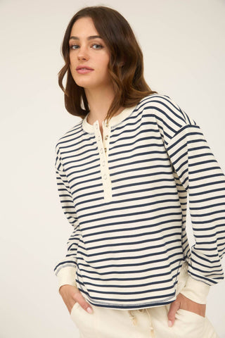 ROUND NECK HENLEY NECKLINE LONG SLEEVES DROP SHOULDER U HEM STRIPE PATTERN KNIT TOP NOT LINED