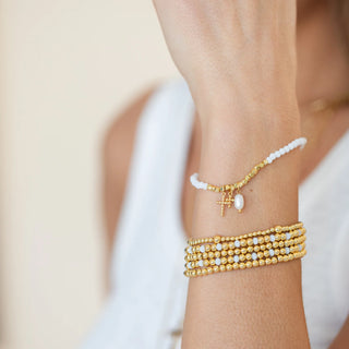 Splendid Iris Dotted Cross and Pearl Stretch Bracelet