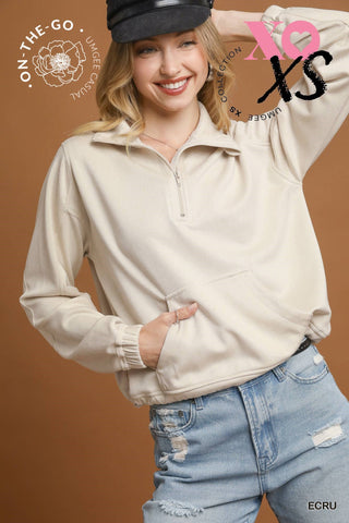 Ecru Half-Zip, Pullover Sweatshirt, with Front Pocket and Luxeknit Material
