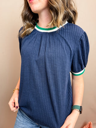 Navy Puff Sleeve Knit Top with Contrast Green and White Rib Trim and Short Puff Sleeves