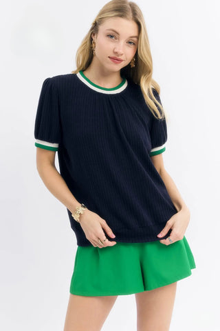 Navy Puff Sleeve Knit Top with Contrast Green and White Rib Trim and Short Puff Sleeves