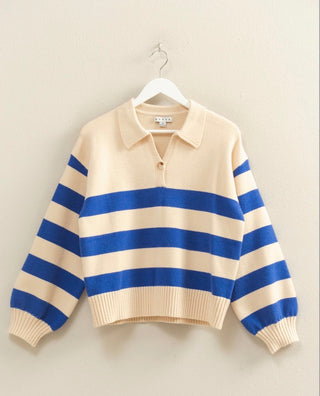 Cobalt blue and cream striped knit sweater with front button closure, collar, and cuffed sleeves. Vibrant and Cozy. 