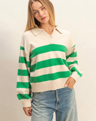Green and cream striped knit sweater with front button closure, collar, and cuffed sleeves. Vibrant and Cozy. 
