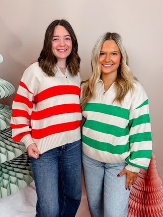 Colorful striped knit sweater with front button closure, collar, and cuffed sleeves. Vibrant and Cozy. 