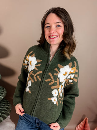FLORAL ZIP UP SWEATER CARDIGAN WITH ZIPPER CLOSURE, DROP SHOULDER, AND LONG SLEEVES