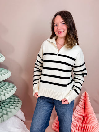 Black and white Striped Sweater with quarter zip sweater with laydown collar