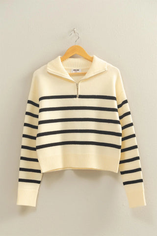 Black and white Striped Sweater with quarter zip sweater with laydown collar
