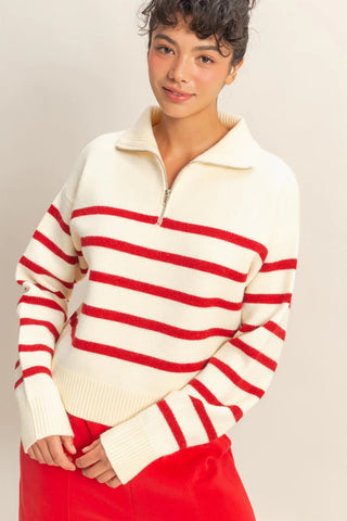 Red and white Striped Sweater with quarter zip sweater with laydown collar