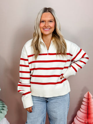 Red and white Striped Sweater with quarter zip sweater with laydown collar