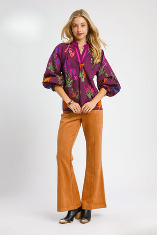 Floral Print V Neck Open Collar Top with Three Quarter Puff Sleeves and Contrast Border Trim