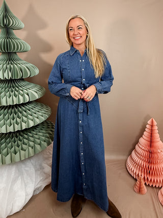 DENIM BUTTON DOWN BELTED SHIRT A-LINE MAXI DRESS