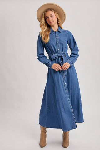 DENIM BUTTON DOWN BELTED SHIRT A-LINE MAXI DRESS