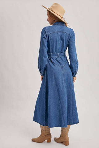 DENIM BUTTON DOWN BELTED SHIRT A-LINE MAXI DRESS
